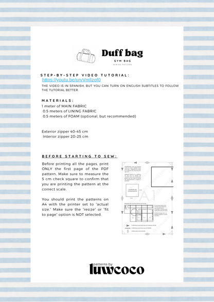 DUFF BAG - ENGLISH -Gym Bag Pattern