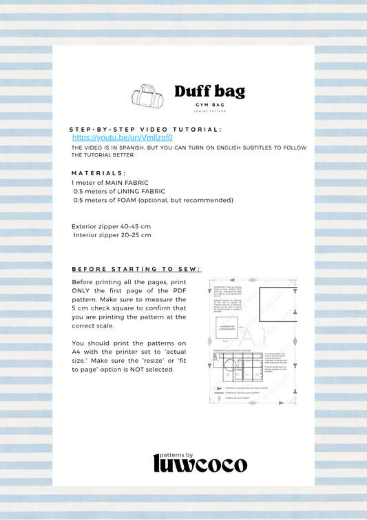 DUFF BAG - ENGLISH -Gym Bag Pattern
